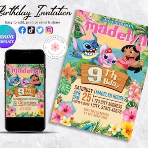 Aangepaste afdrukbare bewerkbare steekuitnodiging, Lilo And Stitch-verjaardagsuitnodiging, Stitch Party-uitnodigingssjabloon, Stitch Birthday Girl Canva Edit
