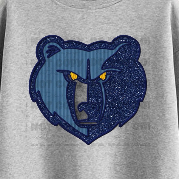 Faux embroidered glitter and corduroy grizzly bear face. PNG digital file. instant download. 901. Memphis. Basketball tee idea.