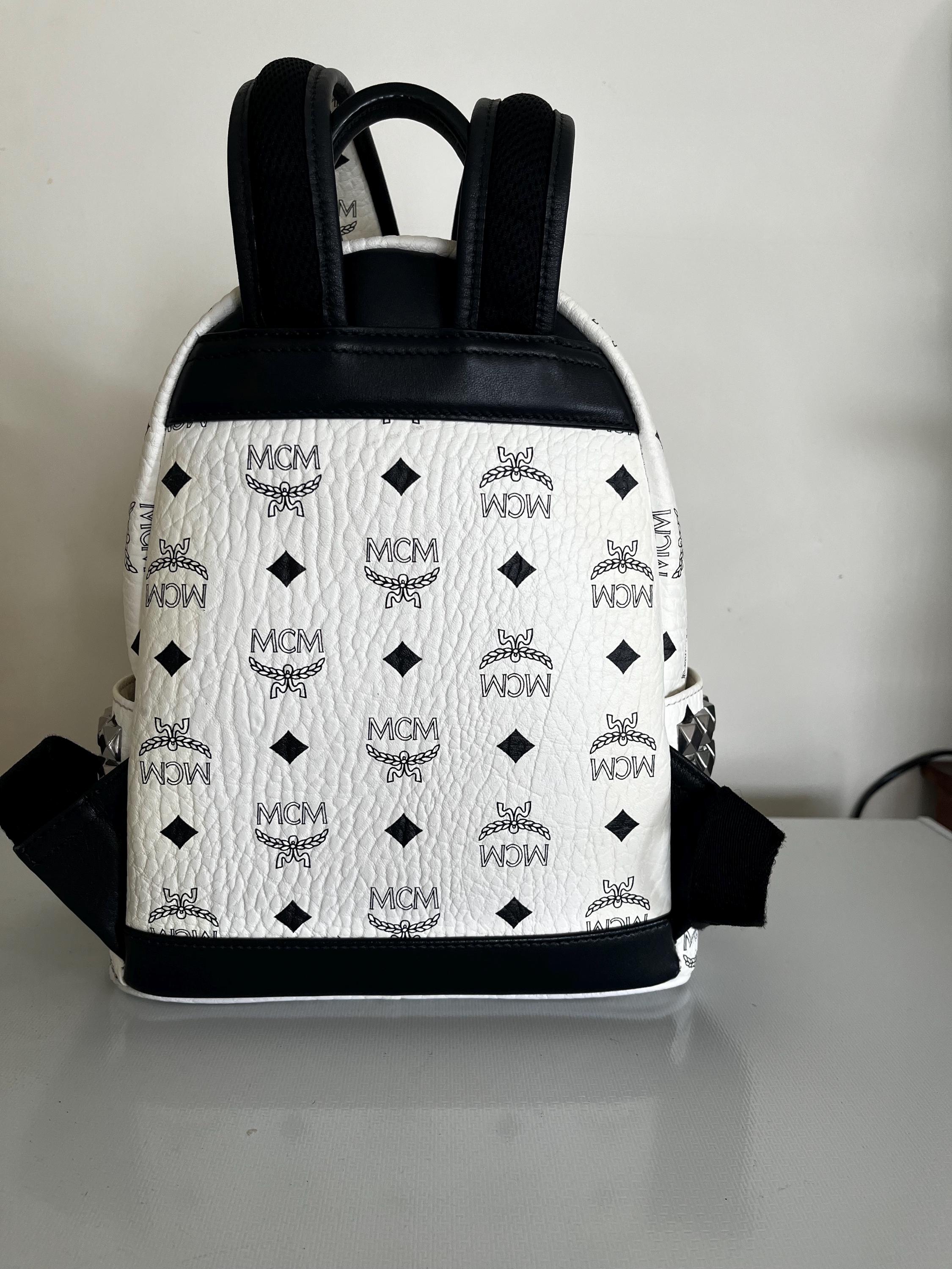 MCM Unisex Visetos Stark Studded Backpack White Black Monogram Luxury Medium Stark Side Studs Backpack in Visetos White | MCM ®US main image 3