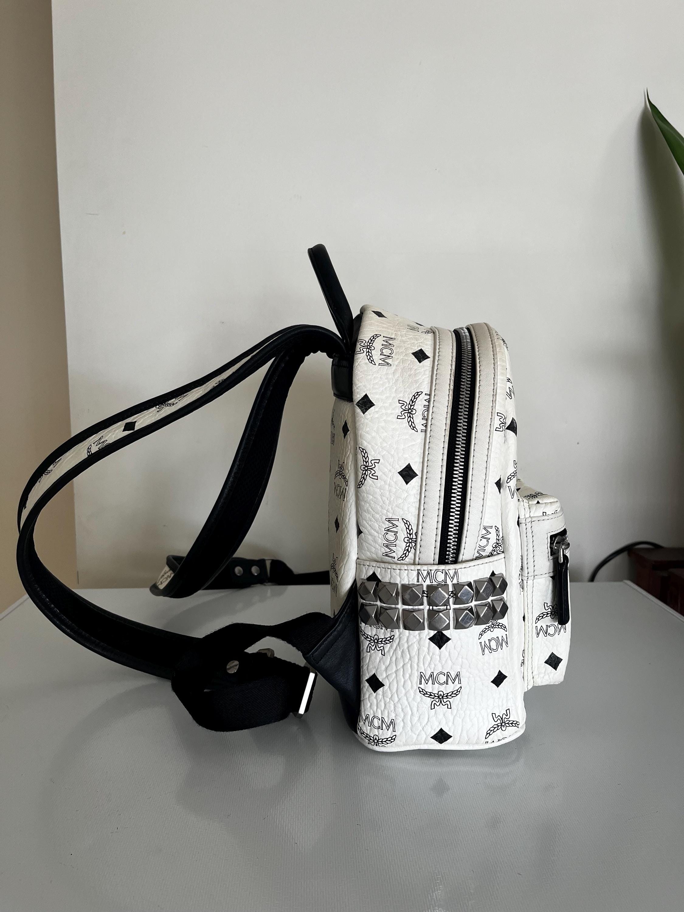 Authentic MCM Stark Visetos Studs Small Backpack | White|cleaned