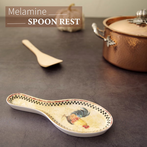 Melamine Spoon Rest Spoon Holder Kitchen Utensil Holders 9.625 Inch for Kitchen Counter Dining Table, Imprinted Country Rooster Design.