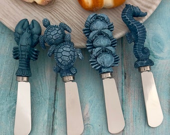 4pcs Sealife Blue Color Hand Painted Resin Handle with Stainless Steel Blade Cheese Spreader Butter Spreader Knives.