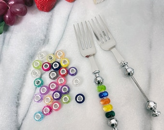 DIY 2 pcs Stainless Steel Fork with 30pc Large Hole Glass Beads for your party, dessert fork