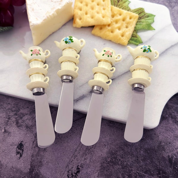 4 pcs Hand Painted Resin Handle with Stainless Steel Blade Multipurpose Cheese Spreader set (Tea Cup Set)