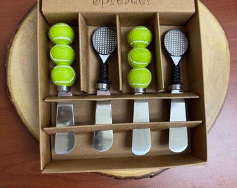 Tennis Decor 4-Piece Hand Painted Resin Handle with Stainless Steel Blade Cheese Spreader set (Tennis Ball & Racket)