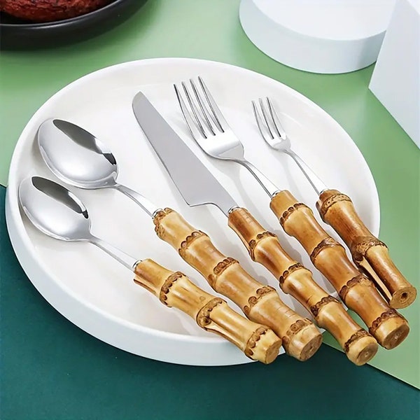 Hand Craft Natural Bamboo Handle Tableware, Western Food Steak Knife Fork Spoon, Creative Cake Dessert Spoon And Fork Set