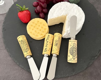 Wine Cork Decor 4-Piece Hand Painted Resin Handle with Stainless Steel Blade Multipurpose Cheese Spreader set (Vintage Wine Cork)