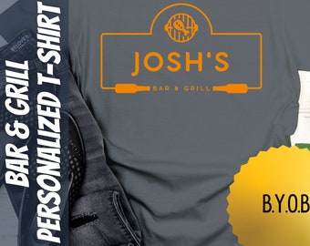 Custom Bar and Grill shirt with personalized name, perfect for bbq and beer lovers