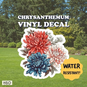 Flower Sticker of Chrysanthemum Flower Vinyl Decal Tattoo Style Red White and Blue Sticker for Laptop Decoration for Water Bottle Sticker