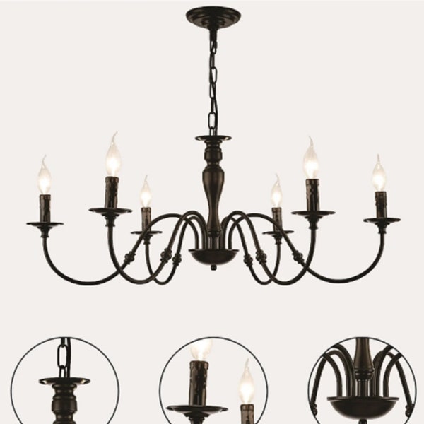 6-Light Industrial Iron Chandeliers Lighting, Candle Style Lighting Fixture, Classic Candle Ceiling Pendant Light Fixture