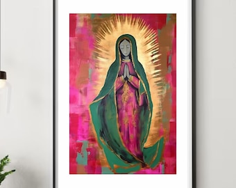 Virgin of Guadalupe painted in oil with golden brushstrokes, Little Virgin with all golden, Virgin of Guadalupe art