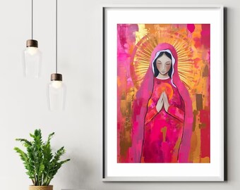 Vergine Maria dipinta in colore magenta in acrilico con tocchi dorati, dipinto della Vergine Maria, dipinto della Vergine Maria