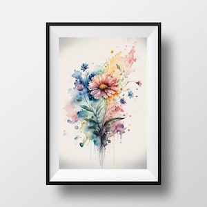 May include: A watercolor painting of a bouquet of flowers with a pink and yellow flower in the center. The flowers are surrounded by colorful watercolor splatters.