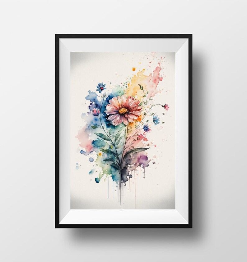 May include: A watercolor painting of a bouquet of flowers with a pink and yellow flower in the center. The flowers are surrounded by colorful watercolor splatters.