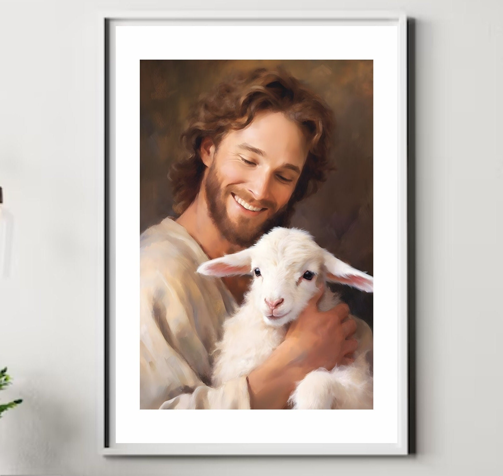 Smiling Jesus Wiht a Lamb, Digital Art or an Oil Painting, Artwall - Etsy