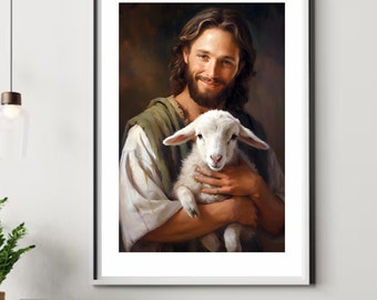 Smiling Jesus wiht a little lamb, digital art or an oil painting, artwall