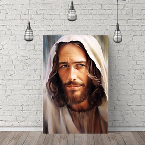 May include: A painting of Jesus Christ with long brown hair and a beard. He is wearing a white robe and has a gentle expression on his face.