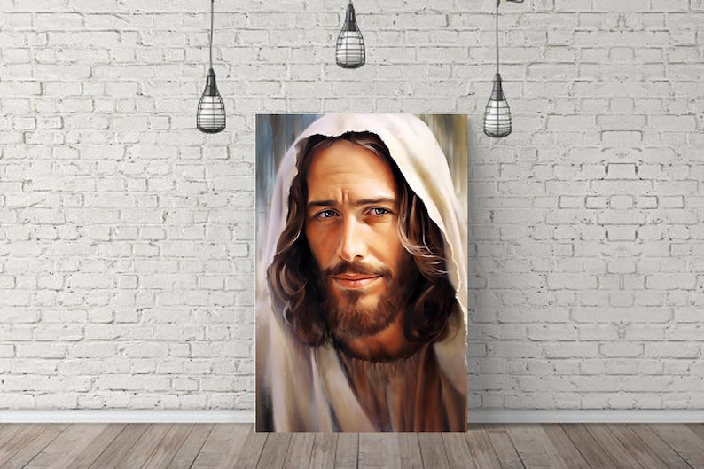 May include: A painting of Jesus Christ with long brown hair and a beard. He is wearing a white robe and has a gentle expression on his face.