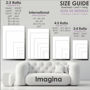 May include: A guide to different print sizes for artwork, with examples of 2:3, 4:5, and 3:4 ratios. The guide includes measurements in inches and centimeters. The text "Imagina" is at the bottom of the image.