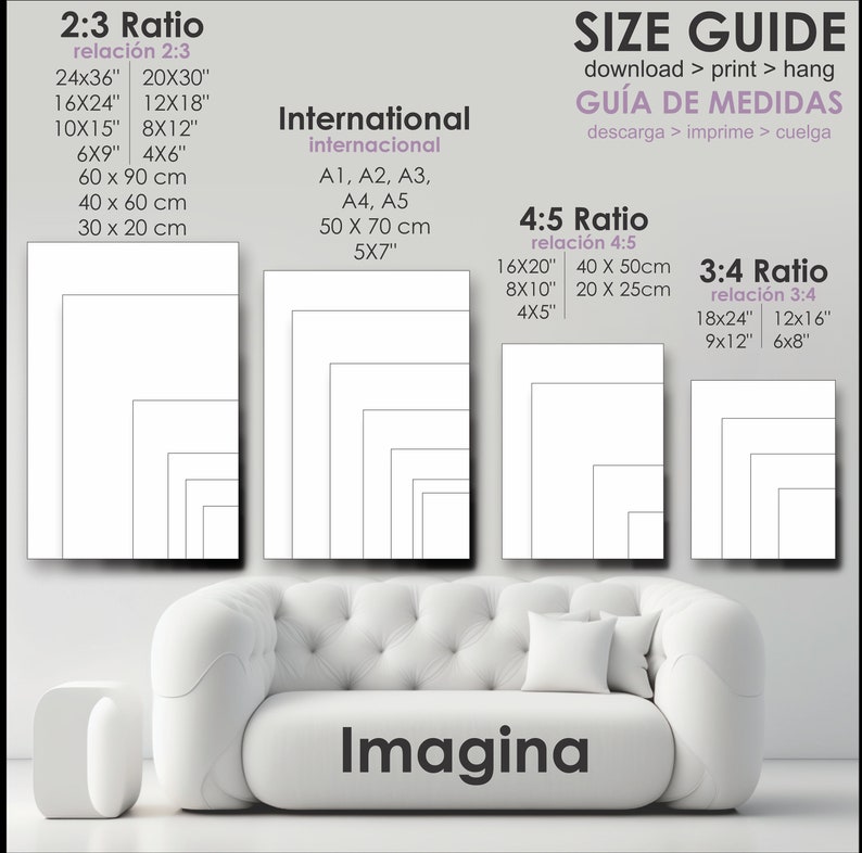 May include: A guide to different print sizes for artwork, with examples of 2:3, 4:5, and 3:4 ratios. The guide includes measurements in inches and centimeters. The text "Imagina" is at the bottom of the image.