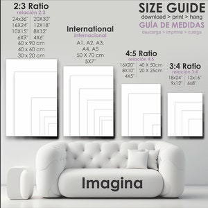 May include: A guide to different print sizes for artwork, with examples of 2:3, 4:5, and 3:4 ratios. The guide includes measurements in inches and centimetres. The text "Imagina" is at the bottom of the image.
