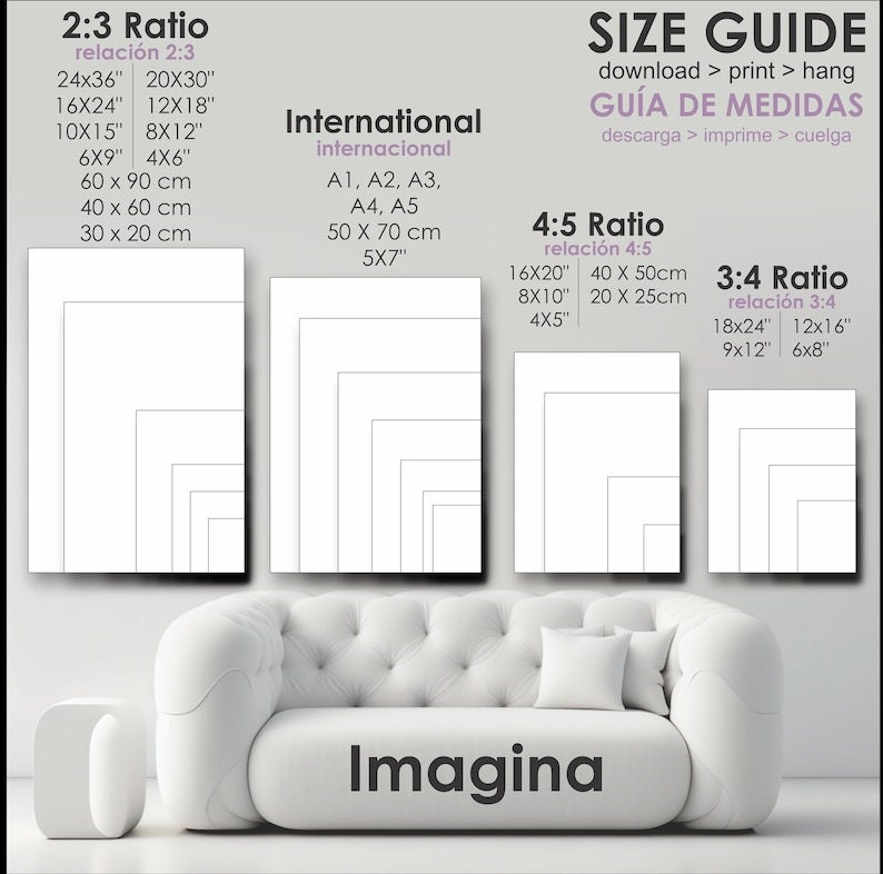 May include: A guide to different print sizes for artwork, with examples of 2:3, 4:5, and 3:4 ratios. The guide includes measurements in inches and centimetres. The text "Imagina" is at the bottom of the image.