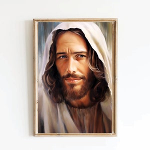 May include: A painting of a man with long brown hair and a beard, wearing a white robe. He has a gentle expression on his face and is looking directly at the viewer.