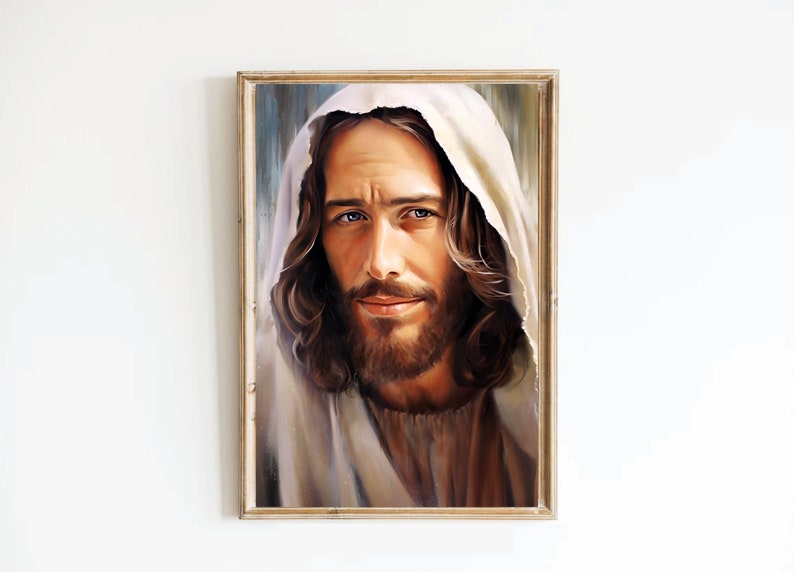 May include: A painting of a man with long brown hair and a beard, wearing a white robe. He has a gentle expression on his face and is looking directly at the viewer.