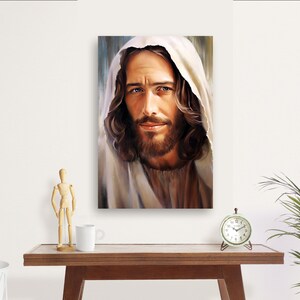 May include: A painting of a man with long brown hair and a beard, wearing a white robe. He is looking directly at the viewer with a gentle expression.