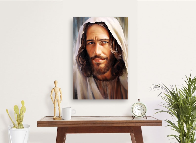 May include: A painting of a man with long brown hair and a beard, wearing a white robe. He is looking directly at the viewer with a gentle expression.