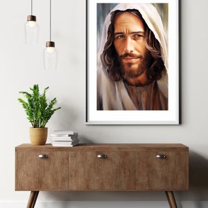 May include: A painting of a man with long brown hair and a beard, wearing a white robe. He is looking directly at the viewer with a gentle expression.