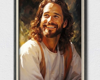 Jesus smiling, digital copy of an oil painting of loving and smiling Jesus, the best painting of Jesus, Christ Jesus smiling