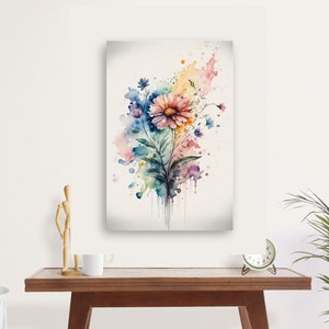 May include: Watercolor painting of a pink flower with blue and green leaves, surrounded by colorful watercolor splatters on a white background.