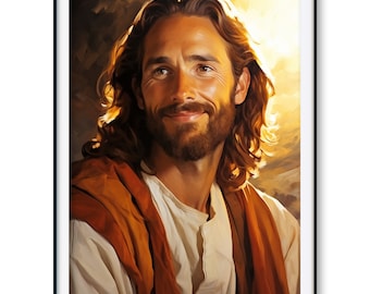 Smiling loving Jesus, the most beautiful looking Jesus oil painting print, printable Jesus painting, Jesus art, smiling Jesus