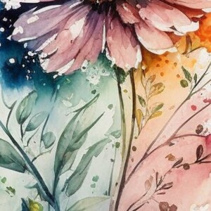 May include: Watercolor painting of a bouquet of flowers in shades of pink, blue, and green. The flowers are arranged in a loose, natural style, with some petals falling to the side. The background is a soft, white wash.
