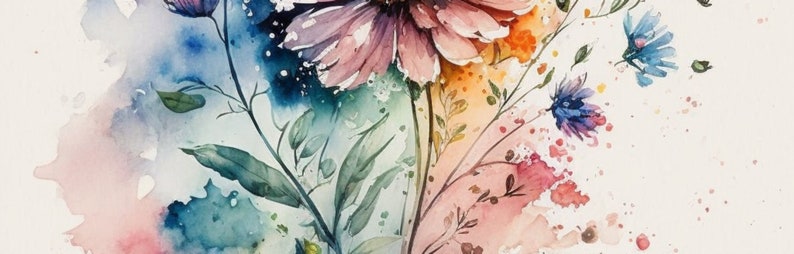 May include: Watercolor painting of a bouquet of flowers in shades of pink, blue, and green. The flowers are arranged in a loose, natural style, with some petals falling to the side. The background is a soft, white wash.