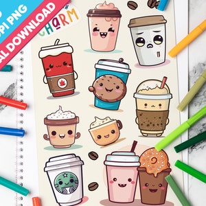 Pieno di fascino - Set di adesivi a tema caffè Kawaii super carino - Download digitale - SVG, PNG