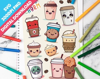 Filled With Charm - Super Cute Kawaii Coffee Themed Sticker Set - Digital Download - SVG, PNG