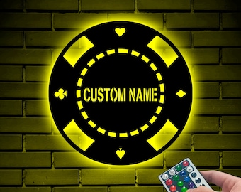 Custom Casino Chips Metal LED Sign, Gambling Dice Metal Wall Art with LED Light, Personalized Game Zone Wall Hanging Decor, Poker Chip Signs