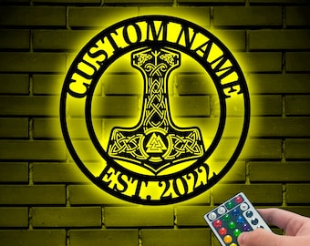 Custom Viking Hammer Metal Wall with LED, Scandinavian Wall Signs,  Old Norse Symbols Wall Hanging Decor, Man Cave Signs, Xmas Gift Man