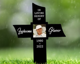 Memorial Stake with Photo Personalized, Cross Grave Marker, In Loving Memory, Photo Grave Marker, Outdoor Memorial Plaque, Sympathy Plaque