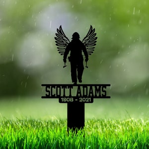 Firefighter Grave Marker Personalized, Fireman Memorial Metal Plaque, US Firefighter Grave Stake, Fireman with Wings Sign, Fireman Stake