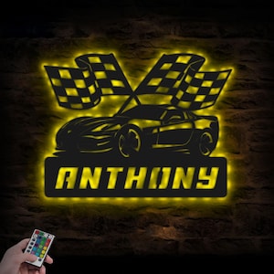 Car racing metal wall with LED Personalized, Race Car Hanging Wall Sign, Racing Driver Custom Name Sign, Boy Room Decor