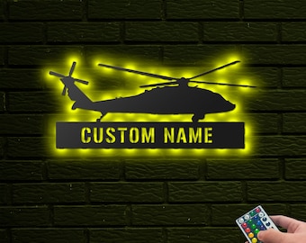 Personalized Helicopter Hangar Sign, Helicopter Metal Wall with LED Lights, Pilot Custom Last Name Sign, Army Pilot Sign Gifts