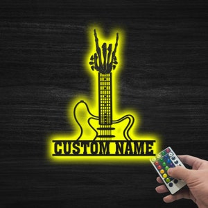 Guitar Led Sign Personalized, Rock n Roll Wall Art Decor, Skull Hands Wall Hanging, Guitarist Monogram Name Sign Gifts, Guitar Fan Gifts