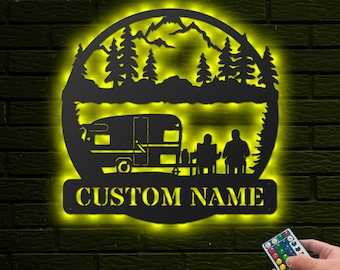 Camping Metal Wall with LED, Camping Door Hanger Sign, Camper Custom Name Sign, Campsite Wall Signs, Camper Family Name Sign
