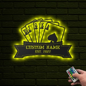 Playing Card Metal Wall with LED Personalized, Casino Wall Hanging Decor, Gamer Name Sign, Gambling Room Decor, Poker Sign Decor For Man