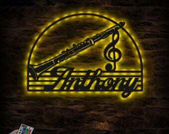 Clarinet Metal Wall With LED Personalized, Clarinet Player Custom Name Sign, Music Studio Decor, Music Teacher Gifts