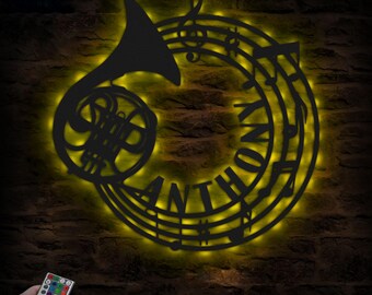 Personalized French Horn wall sign with LED, French Horn Player Name Sign, Musical Instrument Wall Hanging, Music Teacher Sign Gift