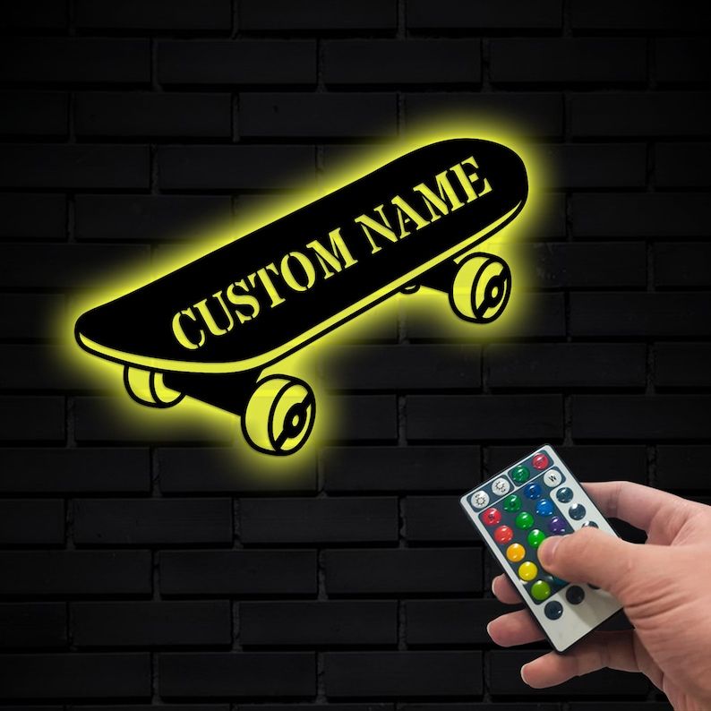 Skateboard Metal Wall With LED Personalized, Skateboarder Custom Name Sign, Skateboarding Wall
